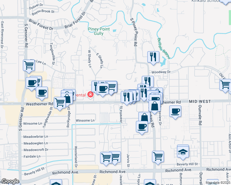 map of restaurants, bars, coffee shops, grocery stores, and more near 9200 Westheimer Road in Houston