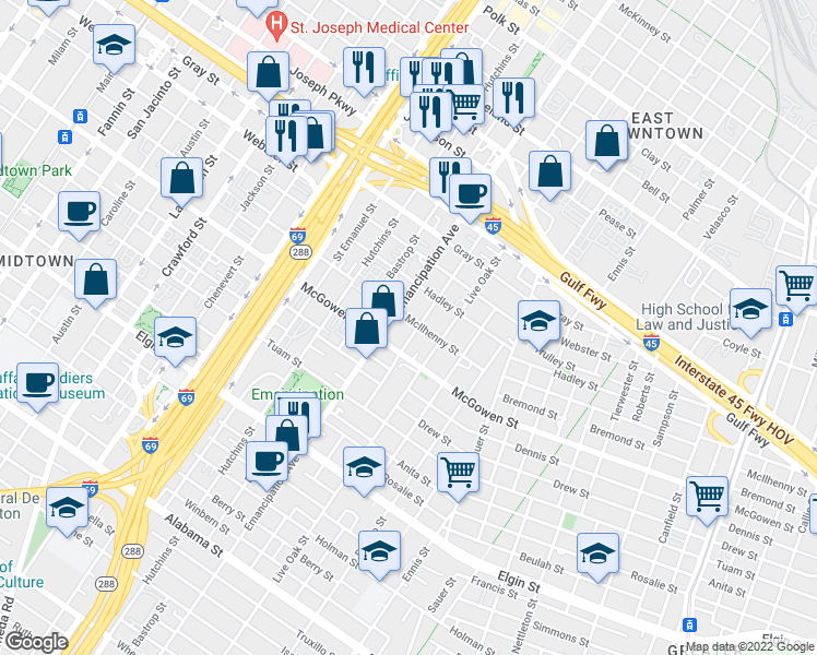 map of restaurants, bars, coffee shops, grocery stores, and more near 2407 McIlhenny Street in Houston