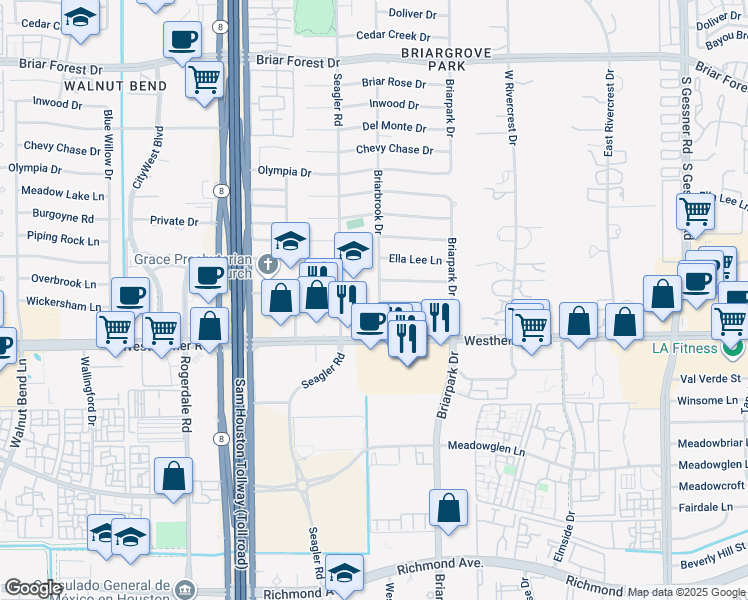 map of restaurants, bars, coffee shops, grocery stores, and more near 10051 Overbrook Lane in Houston