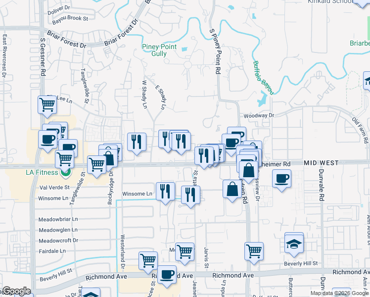 map of restaurants, bars, coffee shops, grocery stores, and more near 9200 Westheimer Road in Houston