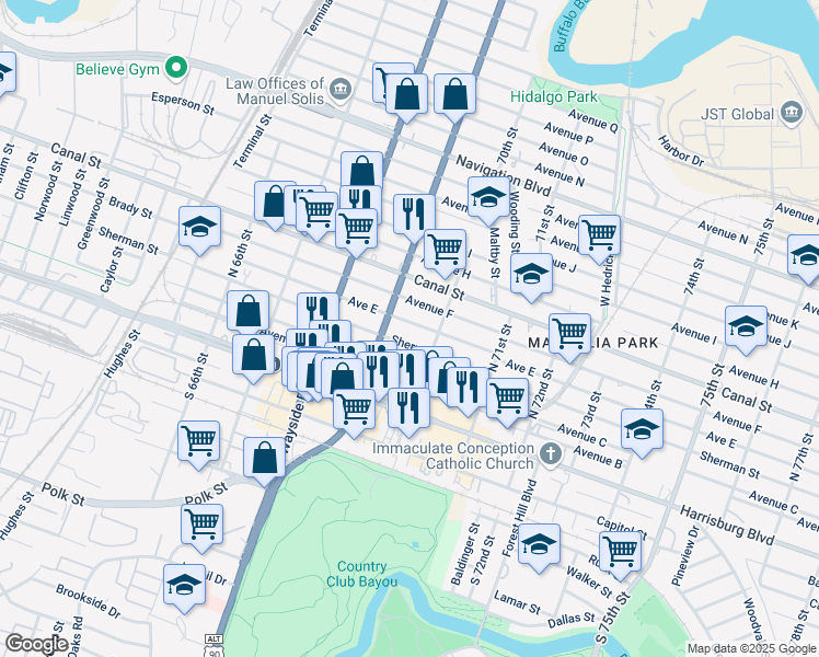 map of restaurants, bars, coffee shops, grocery stores, and more near 6911 Avenue E in Houston
