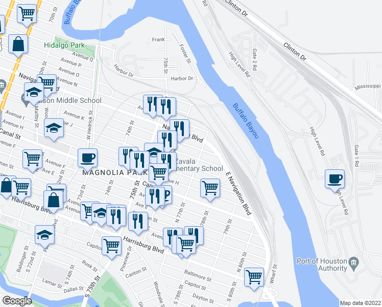 map of restaurants, bars, coffee shops, grocery stores, and more near 7626 Avenue L in Houston