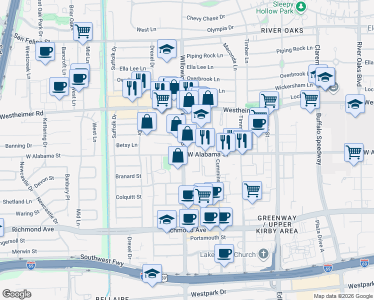 map of restaurants, bars, coffee shops, grocery stores, and more near 2929 Weslayan Street in Houston