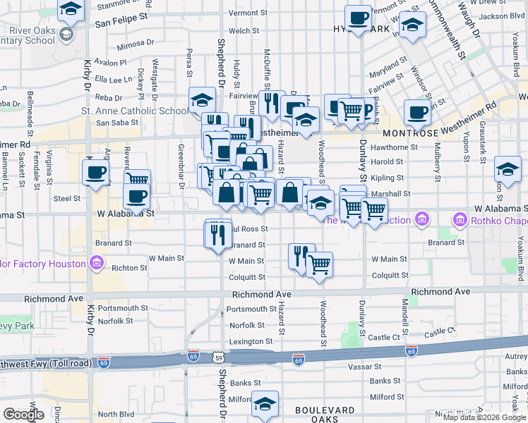map of restaurants, bars, coffee shops, grocery stores, and more near W Alabama St & McDuffie St in Houston