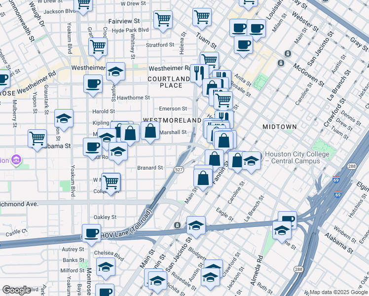 map of restaurants, bars, coffee shops, grocery stores, and more near 230 West Alabama Street in Houston