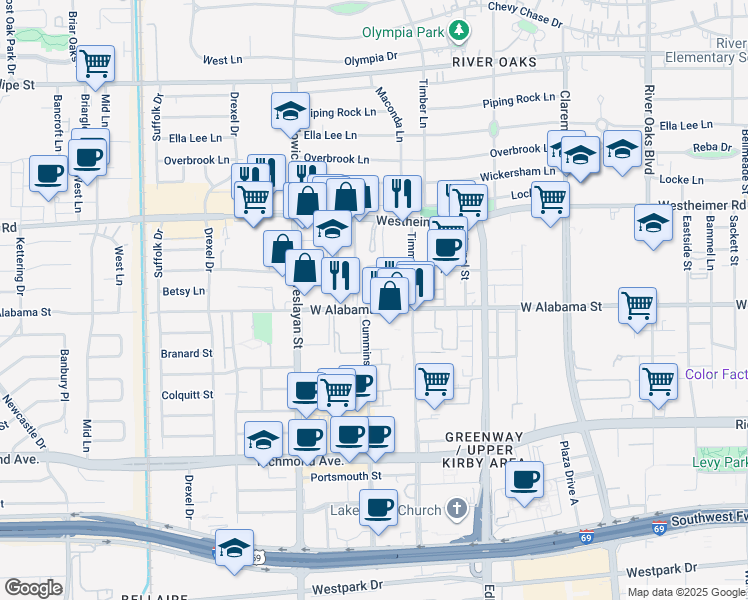 map of restaurants, bars, coffee shops, grocery stores, and more near 3720 West Alabama Street in Houston
