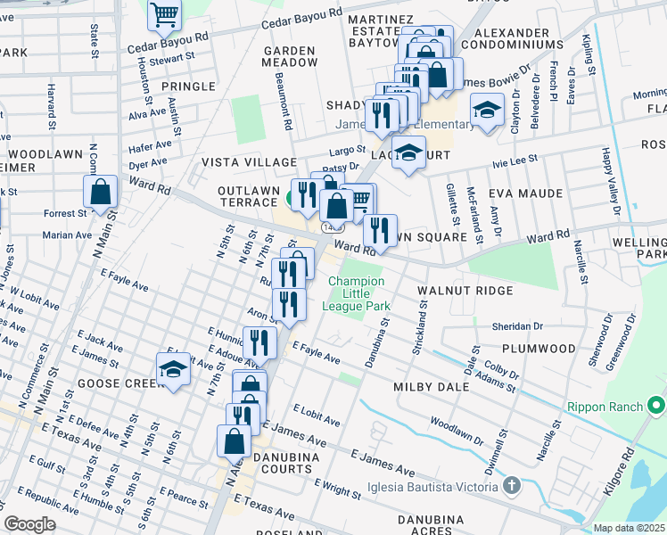 map of restaurants, bars, coffee shops, grocery stores, and more near 1511 North 10th Street in Baytown