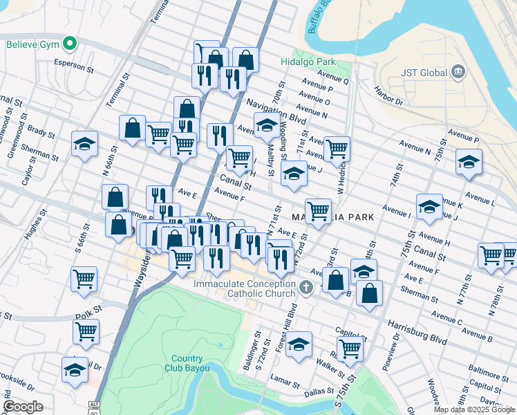 map of restaurants, bars, coffee shops, grocery stores, and more near 7023 Avenue F in Houston