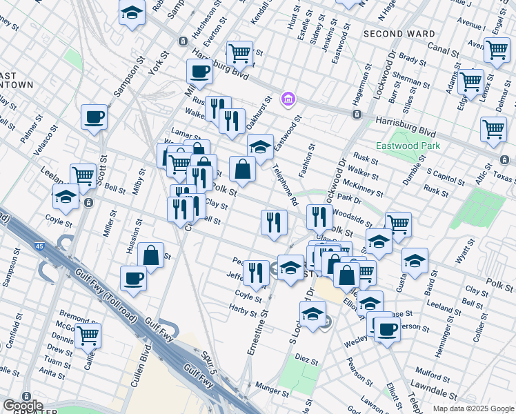 map of restaurants, bars, coffee shops, grocery stores, and more near 4327 Polk Street in Houston