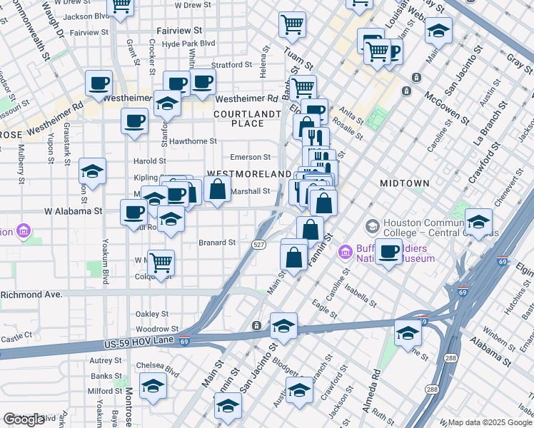 map of restaurants, bars, coffee shops, grocery stores, and more near 230 West Alabama Street in Houston