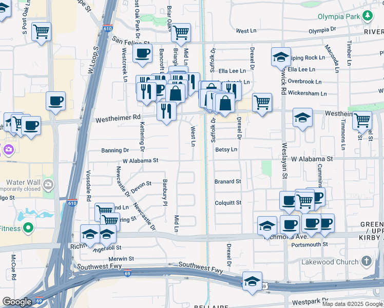map of restaurants, bars, coffee shops, grocery stores, and more near 2902 West Lane in Houston