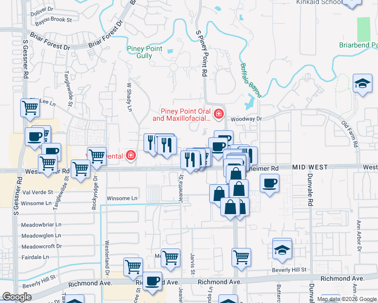 map of restaurants, bars, coffee shops, grocery stores, and more near 9100 Westheimer Road in Houston