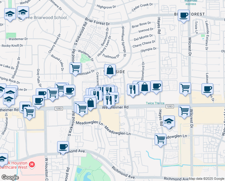 map of restaurants, bars, coffee shops, grocery stores, and more near 11613 Village Place Drive in Houston