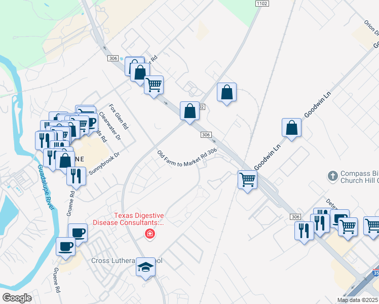 map of restaurants, bars, coffee shops, grocery stores, and more near 821 Farm to Market Road 306 in New Braunfels