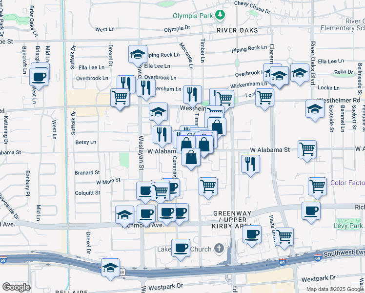 map of restaurants, bars, coffee shops, grocery stores, and more near 3720 West Alabama Street in Houston