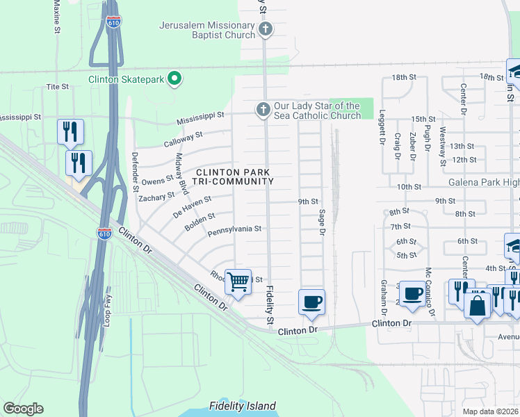 map of restaurants, bars, coffee shops, grocery stores, and more near in Houston
