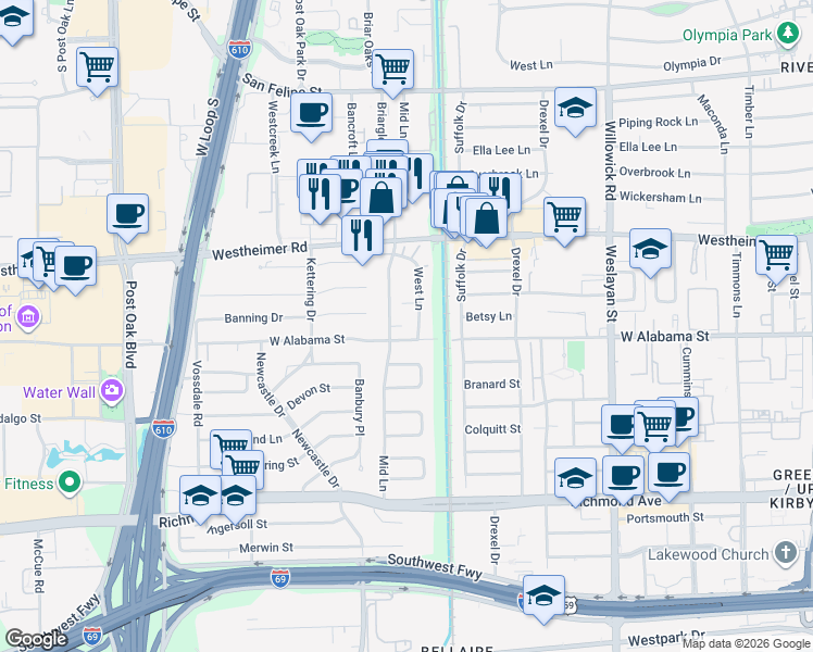 map of restaurants, bars, coffee shops, grocery stores, and more near 2902 West Lane in Houston