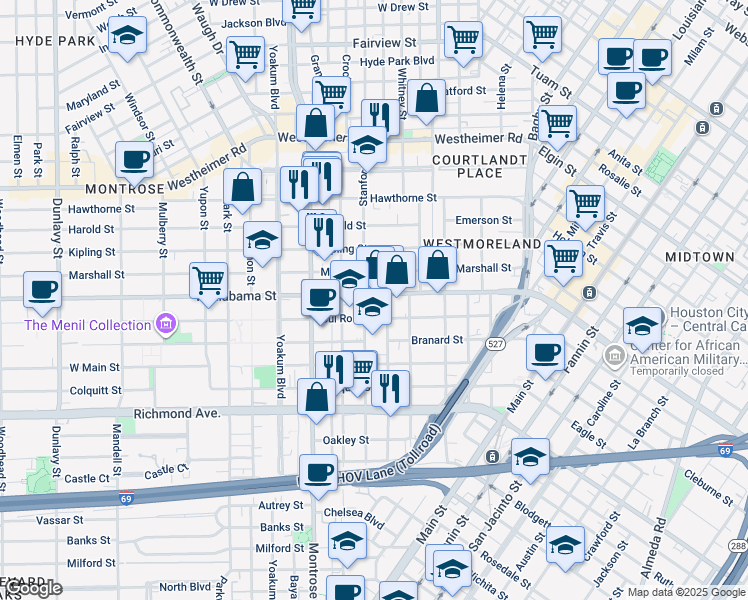 map of restaurants, bars, coffee shops, grocery stores, and more near 636 West Alabama Street in Houston