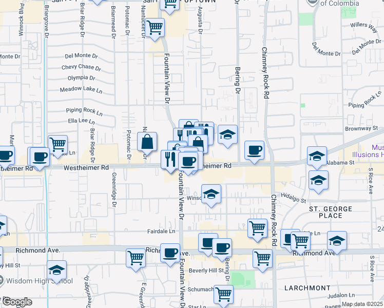 map of restaurants, bars, coffee shops, grocery stores, and more near 2425 Fountain View Drive in Houston