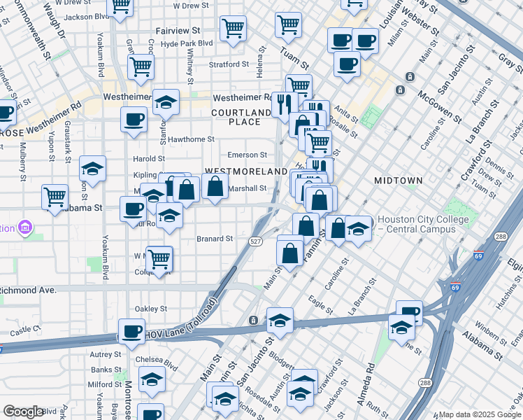 map of restaurants, bars, coffee shops, grocery stores, and more near 219 West Alabama Street in Houston