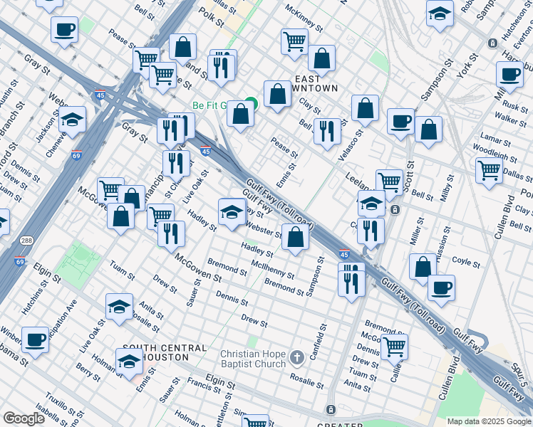 map of restaurants, bars, coffee shops, grocery stores, and more near 3115 Gray Street in Houston