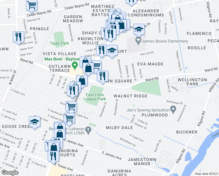 map of restaurants, bars, coffee shops, grocery stores, and more near 1207 Ward Road in Baytown