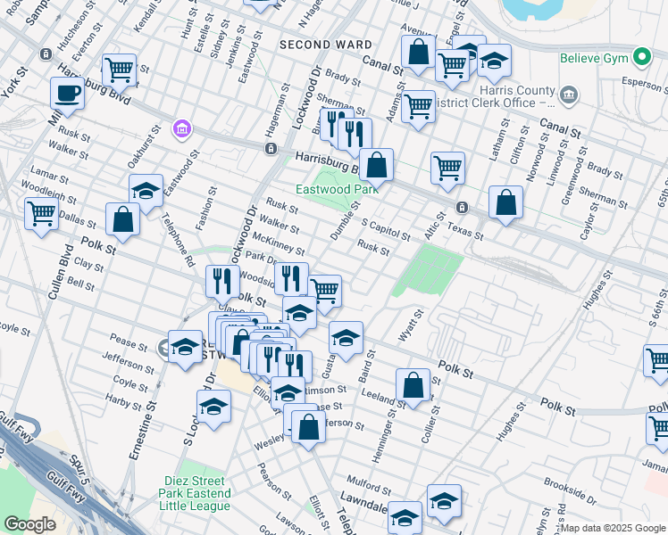 map of restaurants, bars, coffee shops, grocery stores, and more near 4911 McKinney Street in Houston