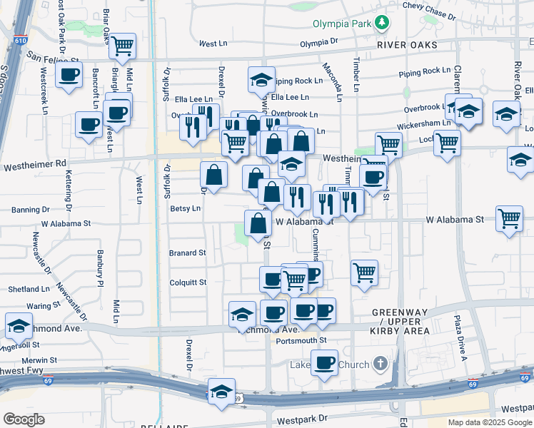 map of restaurants, bars, coffee shops, grocery stores, and more near 2929 Weslayan Street in Houston