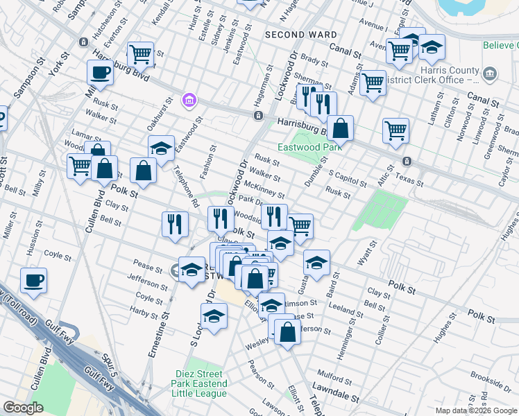 map of restaurants, bars, coffee shops, grocery stores, and more near 4630 Park Drive in Houston