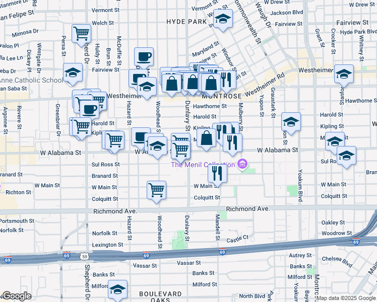 map of restaurants, bars, coffee shops, grocery stores, and more near W Alabama St & Dunlavy St in Houston