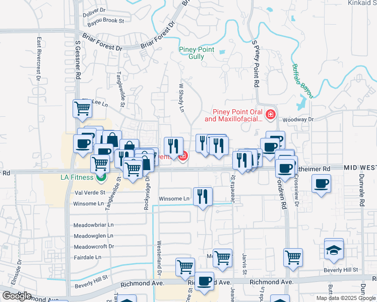 map of restaurants, bars, coffee shops, grocery stores, and more near 3a West Shady Lane in Houston