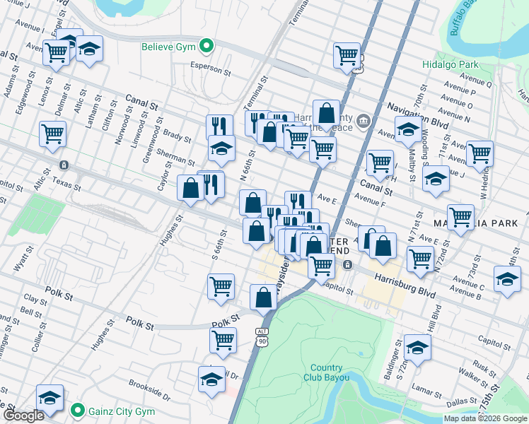 map of restaurants, bars, coffee shops, grocery stores, and more near 6628 Avenue C in Houston