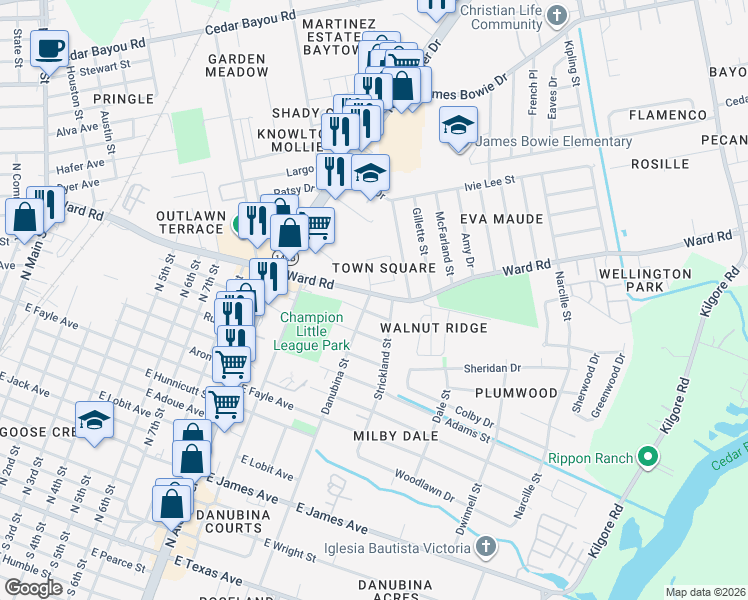 map of restaurants, bars, coffee shops, grocery stores, and more near 1505 Danubina Street in Baytown