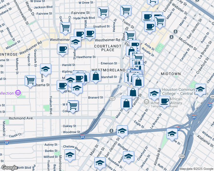 map of restaurants, bars, coffee shops, grocery stores, and more near 230 West Alabama Street in Houston