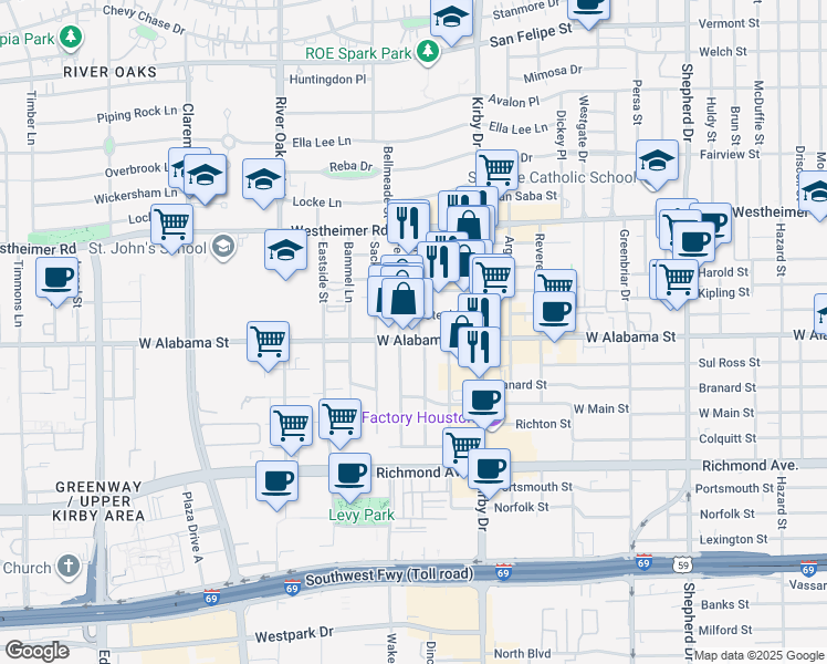map of restaurants, bars, coffee shops, grocery stores, and more near 2934 Virginia Street in Houston