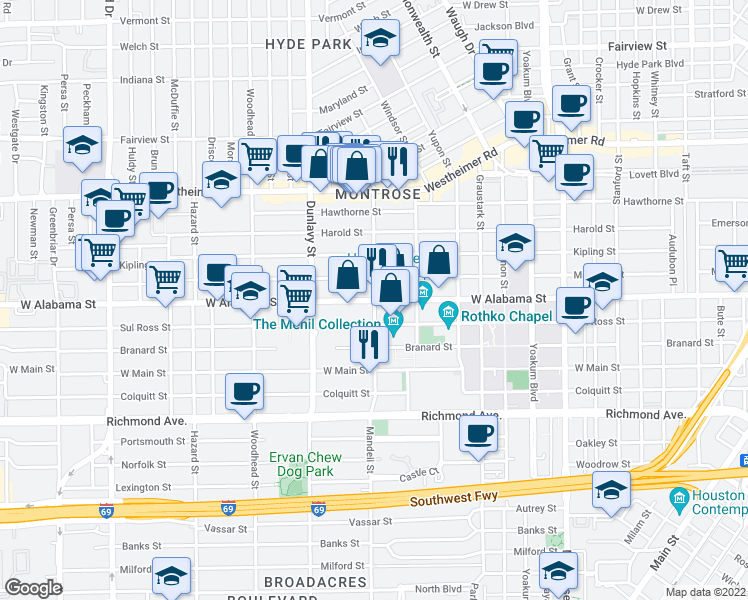 map of restaurants, bars, coffee shops, grocery stores, and more near W Alabama St & Mandell St in Houston