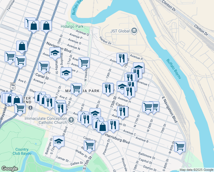 map of restaurants, bars, coffee shops, grocery stores, and more near 7407 Avenue I in Houston