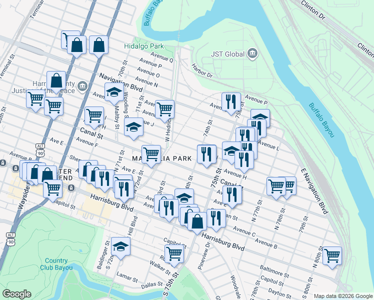 map of restaurants, bars, coffee shops, grocery stores, and more near 7316 Avenue I in Houston