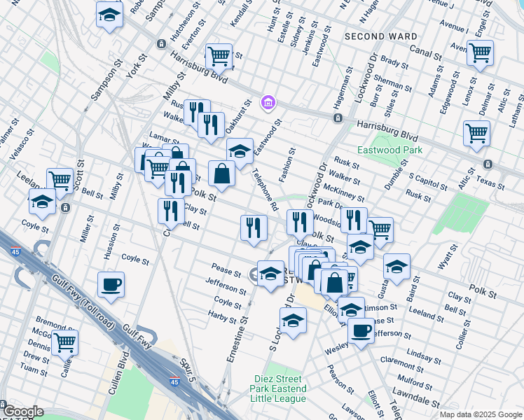 map of restaurants, bars, coffee shops, grocery stores, and more near 4418 Dallas Street in Houston