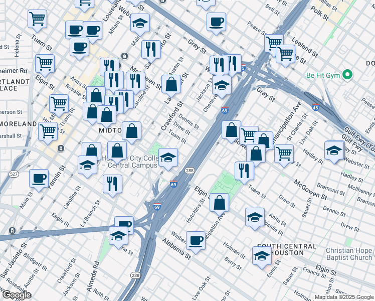 map of restaurants, bars, coffee shops, grocery stores, and more near 1806 Tuam Street in Houston