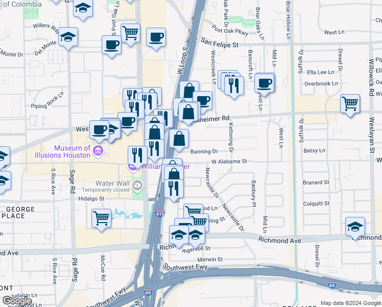 map of restaurants, bars, coffee shops, grocery stores, and more near 4730 Banning Drive in Houston