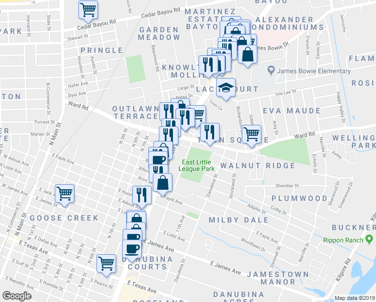 map of restaurants, bars, coffee shops, grocery stores, and more near 1507 North 10th Street in Baytown