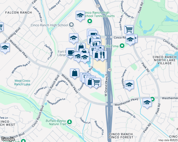 map of restaurants, bars, coffee shops, grocery stores, and more near 2859 Commercial Center Boulevard in Katy