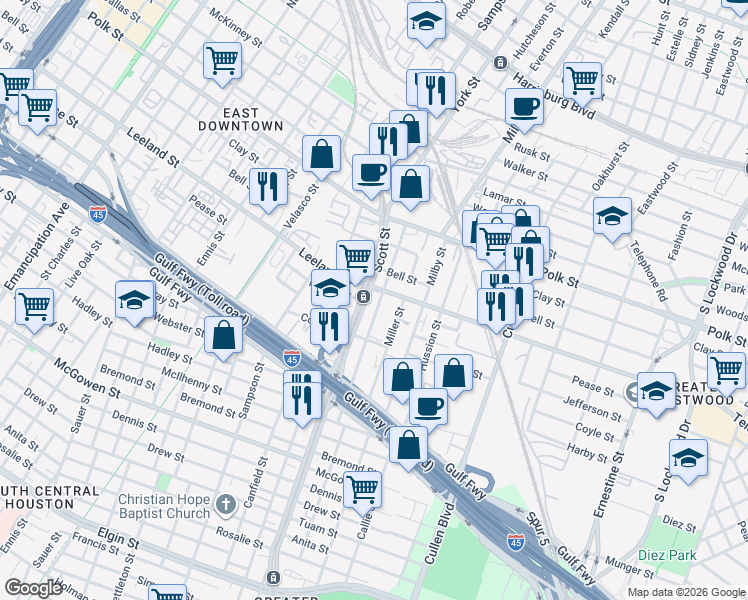 map of restaurants, bars, coffee shops, grocery stores, and more near in Houston
