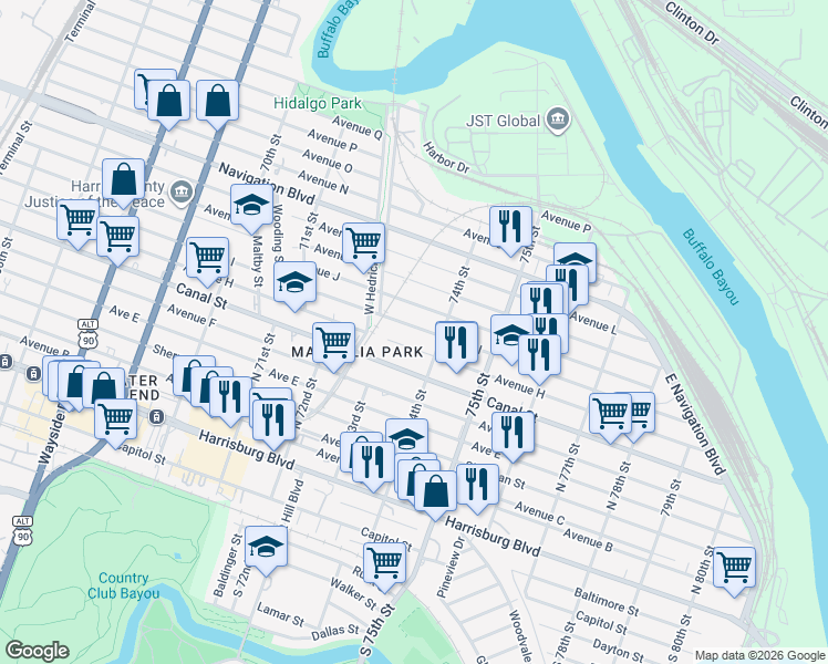 map of restaurants, bars, coffee shops, grocery stores, and more near 7316 Avenue I in Houston