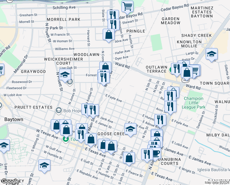 map of restaurants, bars, coffee shops, grocery stores, and more near 1018 North 1st Street in Baytown