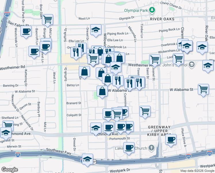 map of restaurants, bars, coffee shops, grocery stores, and more near 2900 Weslayan Street in Houston