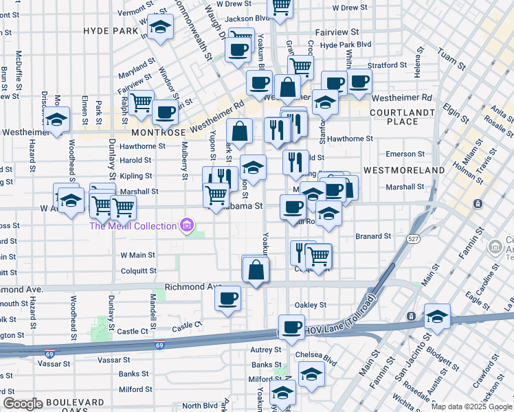 map of restaurants, bars, coffee shops, grocery stores, and more near West Alabama Street in Houston