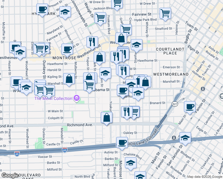map of restaurants, bars, coffee shops, grocery stores, and more near West Alabama Street in Houston