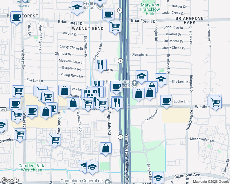 map of restaurants, bars, coffee shops, grocery stores, and more near 2426 West Sam Houston Parkway South in Houston